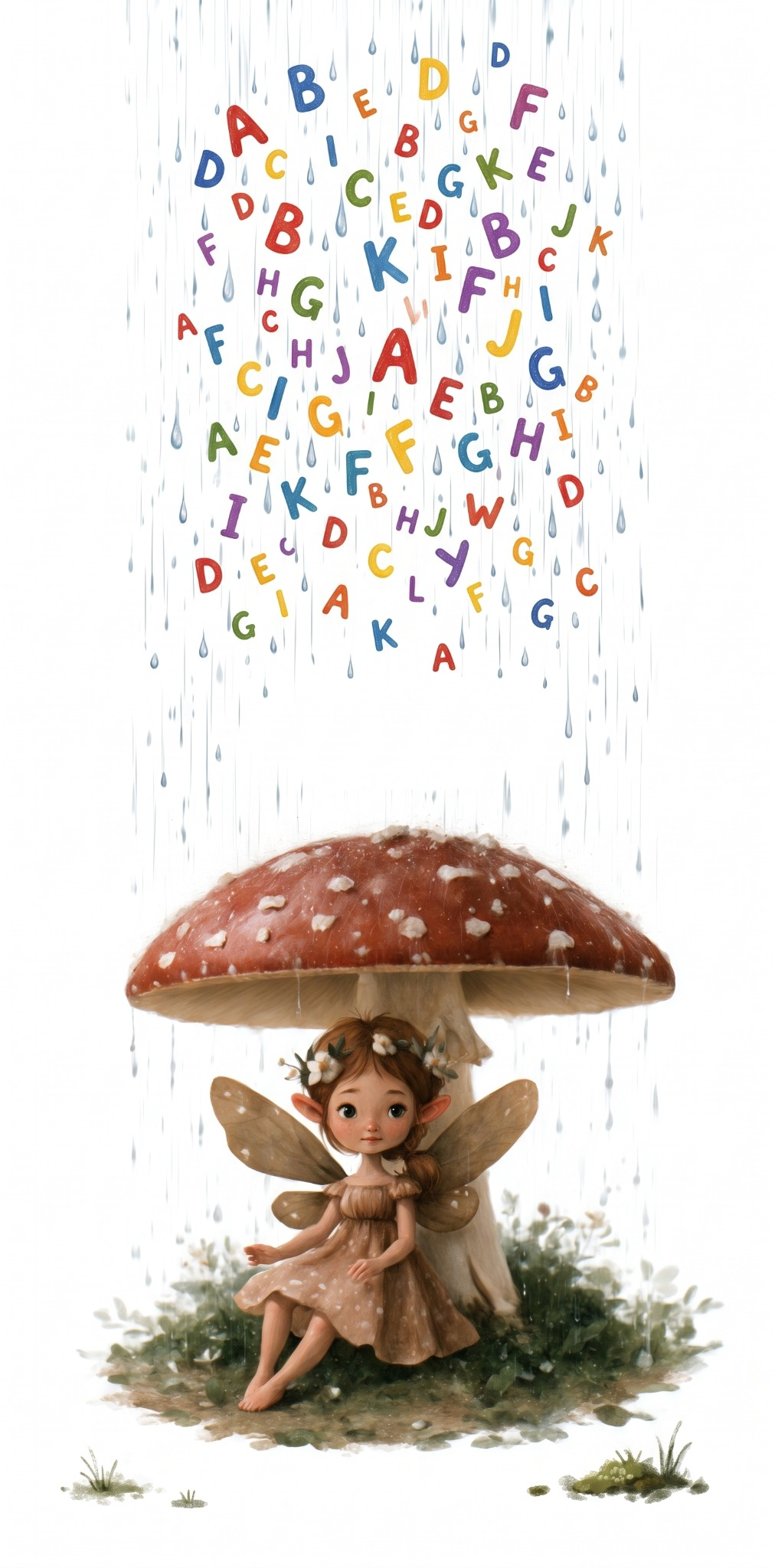 Petite fée abritée de la pluie sous un champignon